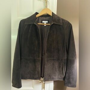 Leather suede brown hip length jacket.